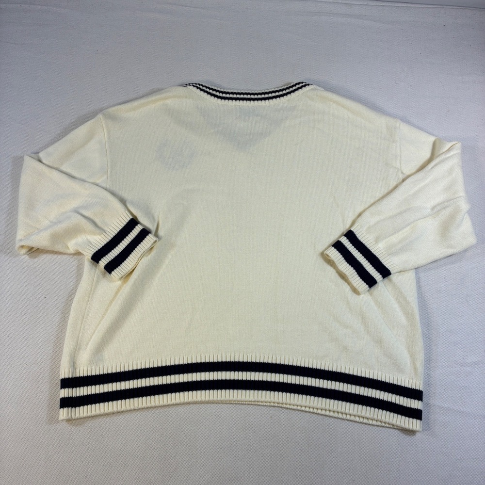 Vintage Lands' End Drifter V-Neck Sweater Cream Navy‎ Striped Cotton XL Crest